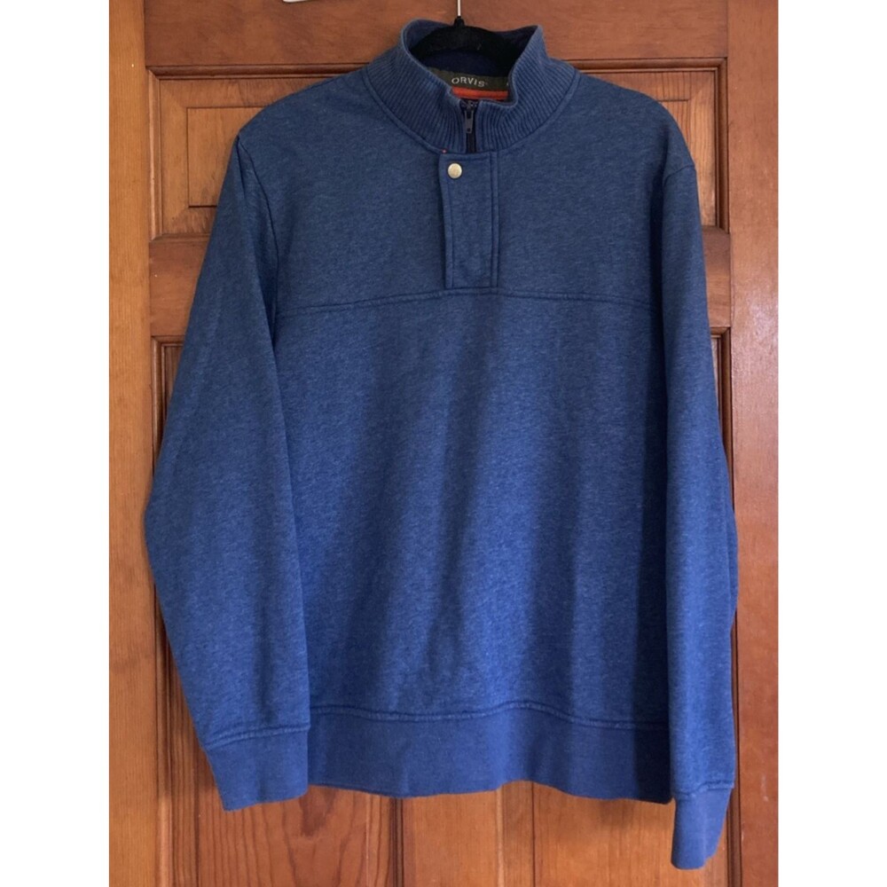 Orvis Mens M Blue Heathered Quarter Zip Snap Mock Neck Fleece Pullover Preppy